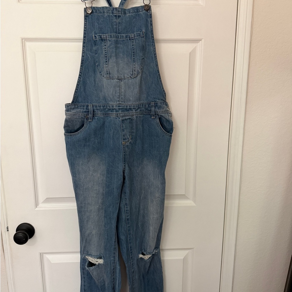 Lulus Classic Blue Denim Overalls with Ripped Knees